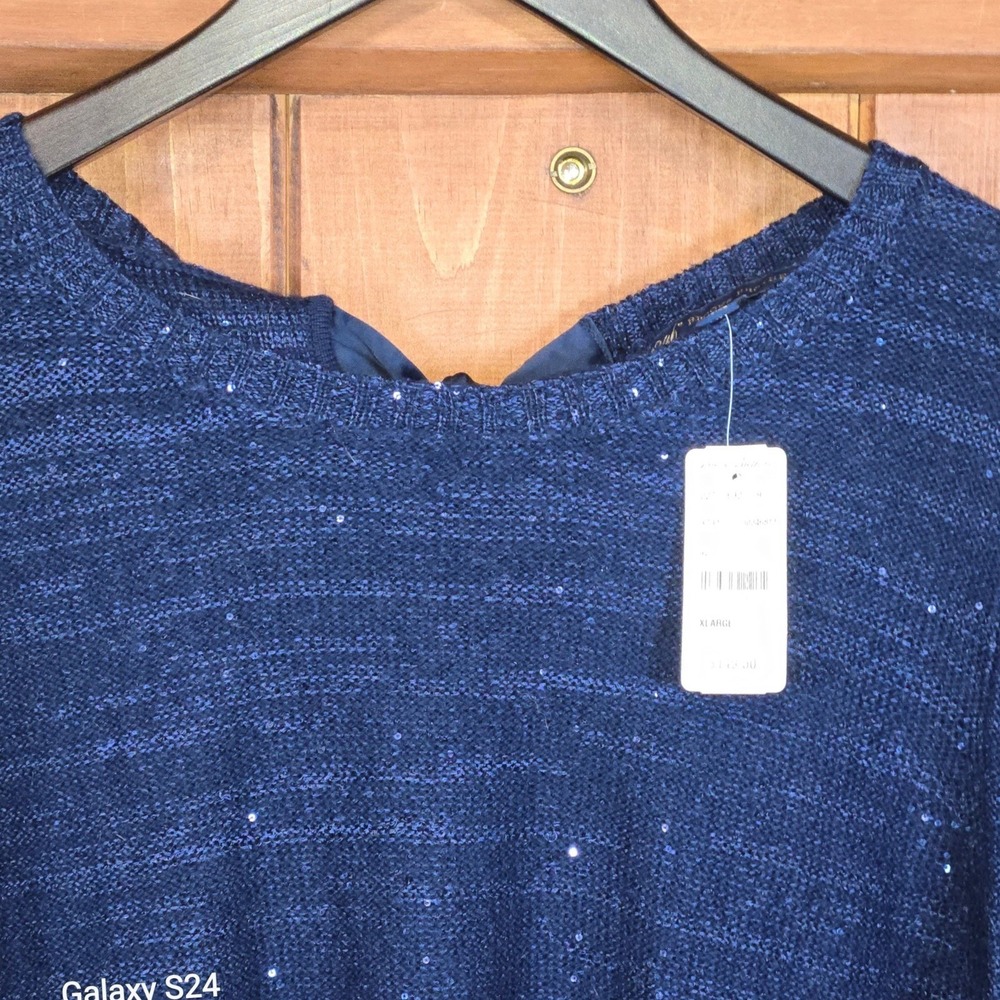 Brooks Brothers Navy Blue‎ Sequin Knit Sweater XL V-Neck Bow Back